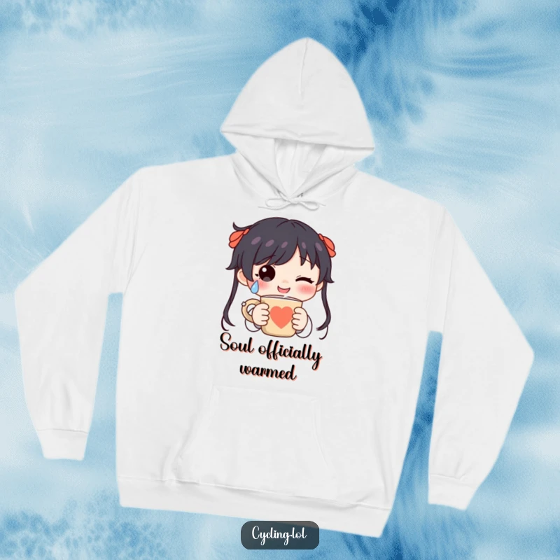 Funny character wearing a hoodie, with a happy tear, holding a steaming mug, symbolizing ultimate cozy comfort and coffee love.