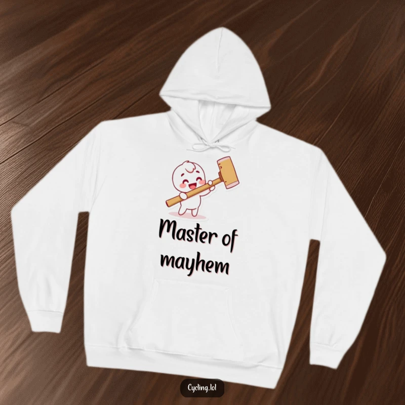 Funny hoodie depicting a character humorously hammering a pretend nail with a comically oversized hammer, illustrating a goofy construction theme.