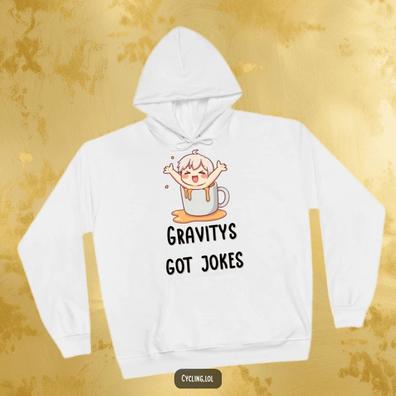 Funny hoodie showcasing a character comically slipping after spilling liquid, arms flailing in a hilarious, cartoonish action.