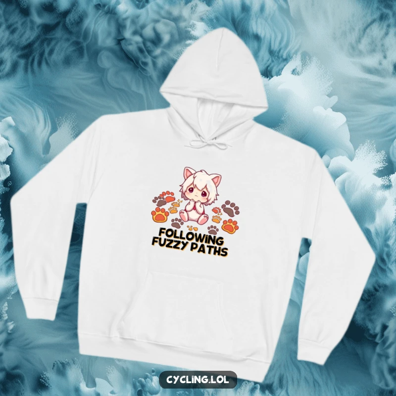 Funny hoodie featuring a character surrounded by animal footprints, looking thoughtfully, capturing the essence of nature exploration.