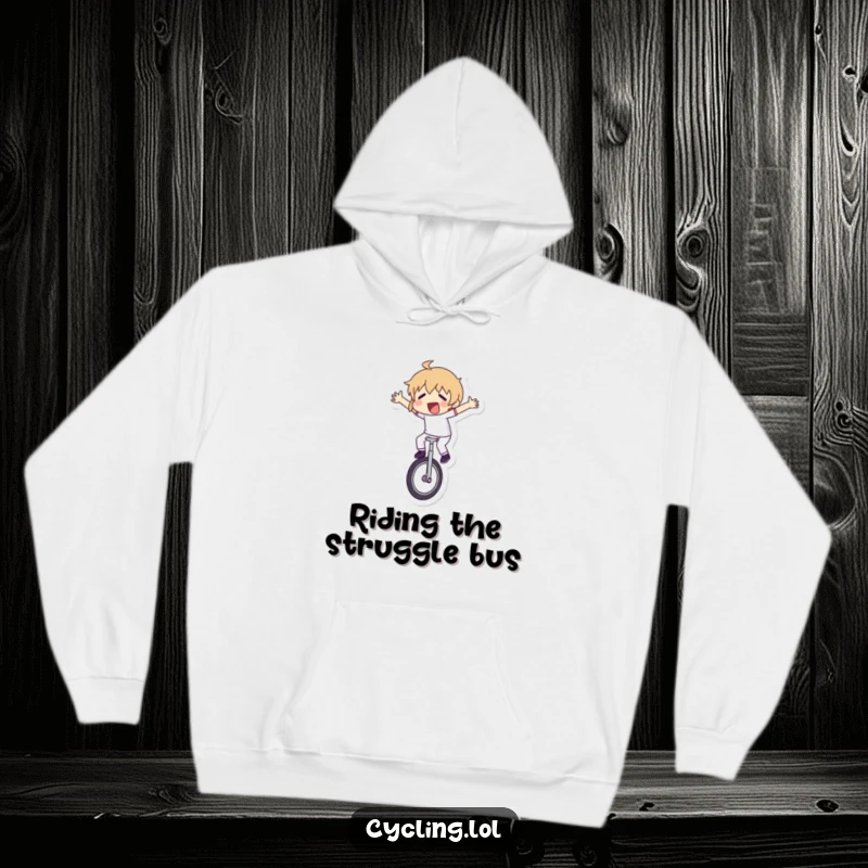Funny hoodie featuring a character spectacularly losing balance on a unicycle, arms flailing in a humorous, relatable display of mild panic.