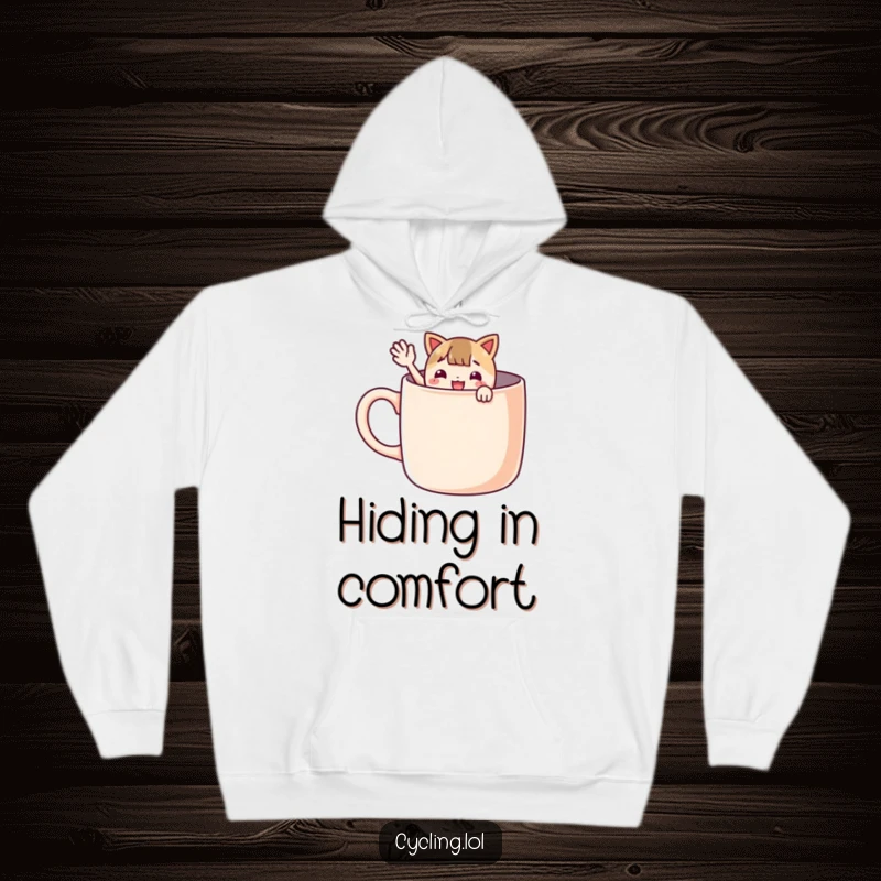 Funny hoodie depicting a character peeking from a giant mug and waving enthusiastically, combining warmth with playful charm.