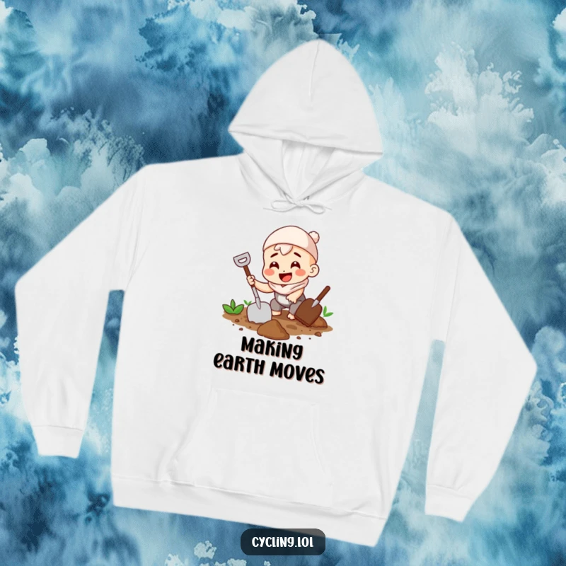 Funny hoodie with a character digging happily in the soil using a trowel, radiating pure gardening joy.