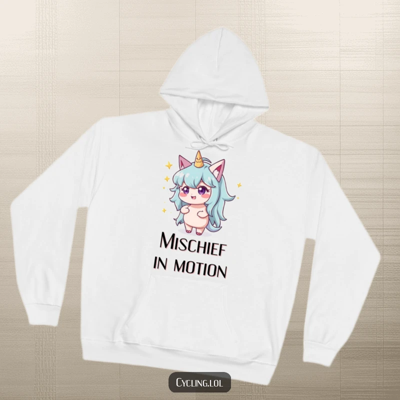 Funny character with a mischievous twinkle throwing glittery stardust on a cozy hoodie, spreading warmth and magic.