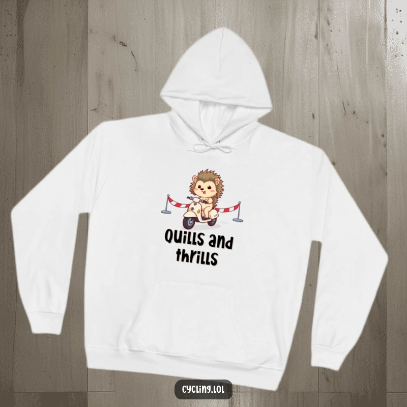 Funny hoodie with a small hedgehog crossing a finish line on a scooter, embodying humorous determination and victory.