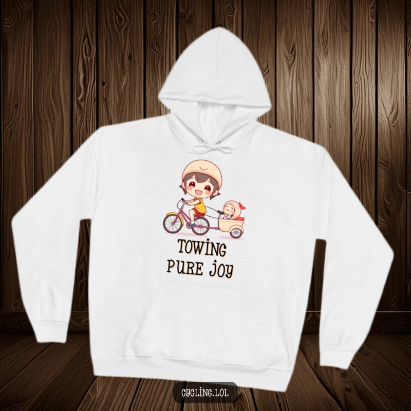 Funny bicycle hoodie showing a beaming character cycling with a tiny, laughing passenger in a trailer, perfect for warmth.