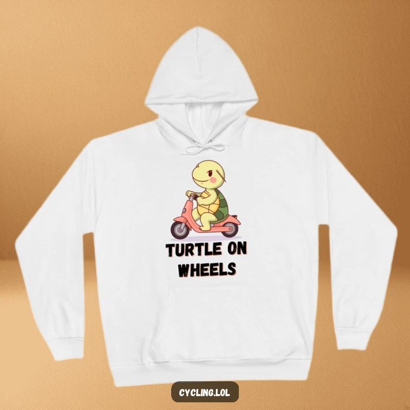 Funny hoodie: A happy turtle rides a scooter backwards, offering warmth and humorous, unconventional spirit.