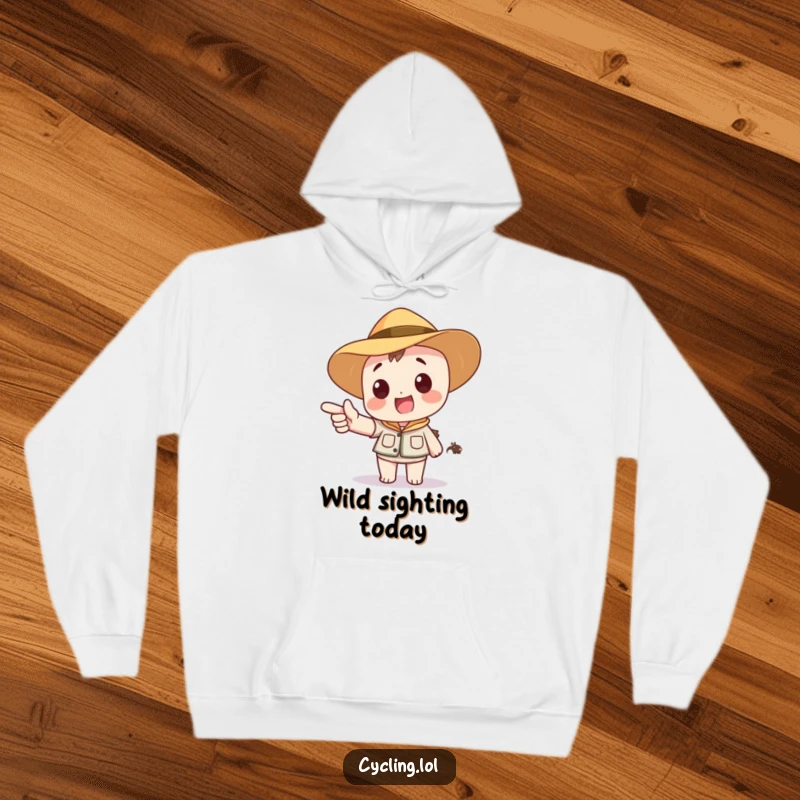 Funny hoodie showing a character in a safari hat excitedly pointing towards a distant, cartoon animal, perfect for cozy adventures.