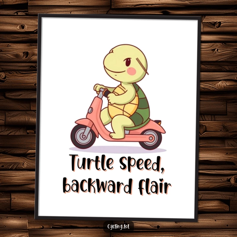 Funny Free Printable Wall Art: A cheerful turtle attempts to ride a scooter forwards, but is hilariously facing the wrong direction.