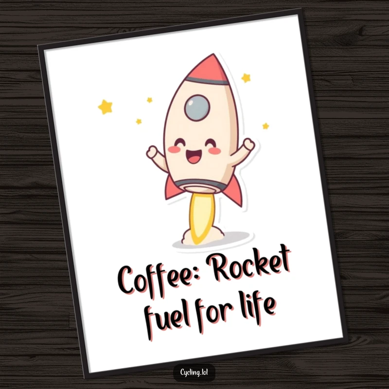 Funny free printable mug rocket wall art depicting a character enthusiastically launching a smiling mug skyward, adding dynamic, coffee-themed humor to any space.