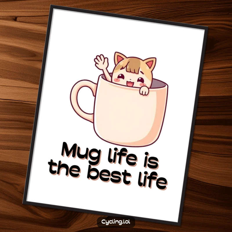 Funny free printable mug wall art showing a character enthusiastically waving from inside a giant mug, bringing cozy humor and a friendly vibe to any room.