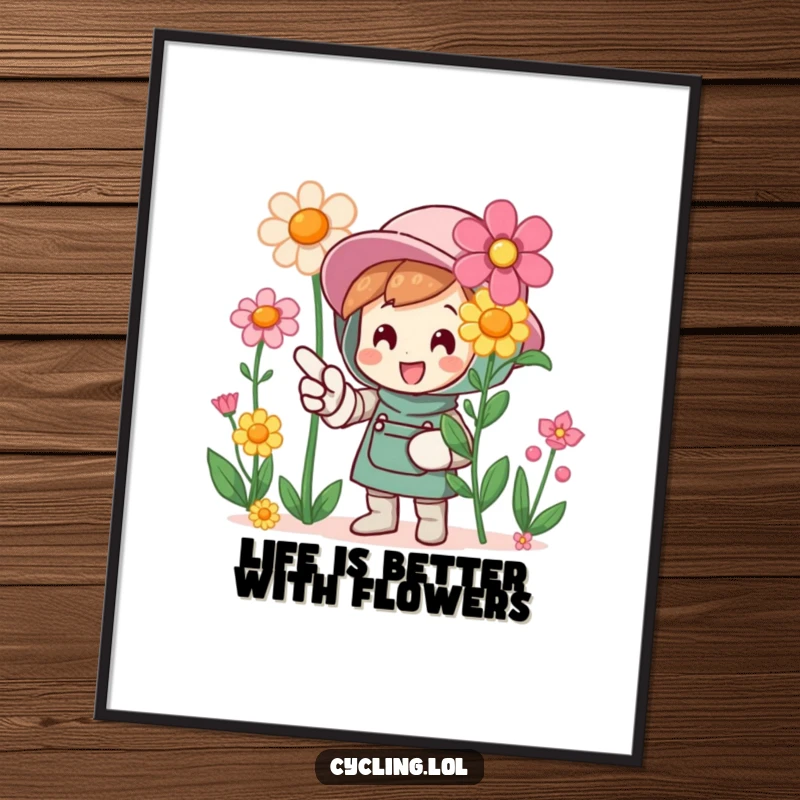Funny Free Printable Wall Art: A character in a gardening glove pointing enthusiastically at a display of colorful, blooming flowers.
