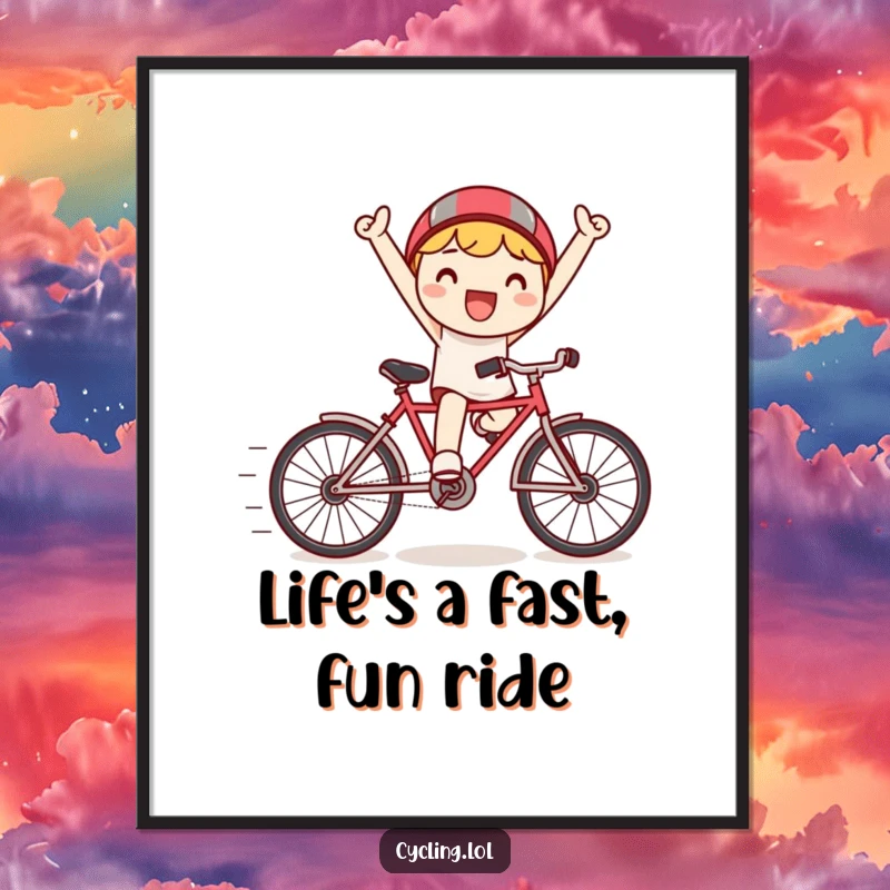 Funny Free Printable Wall Art: a happy Kawaii character triumphantly riding a tiny bicycle with exaggerated speed lines, full of joy.