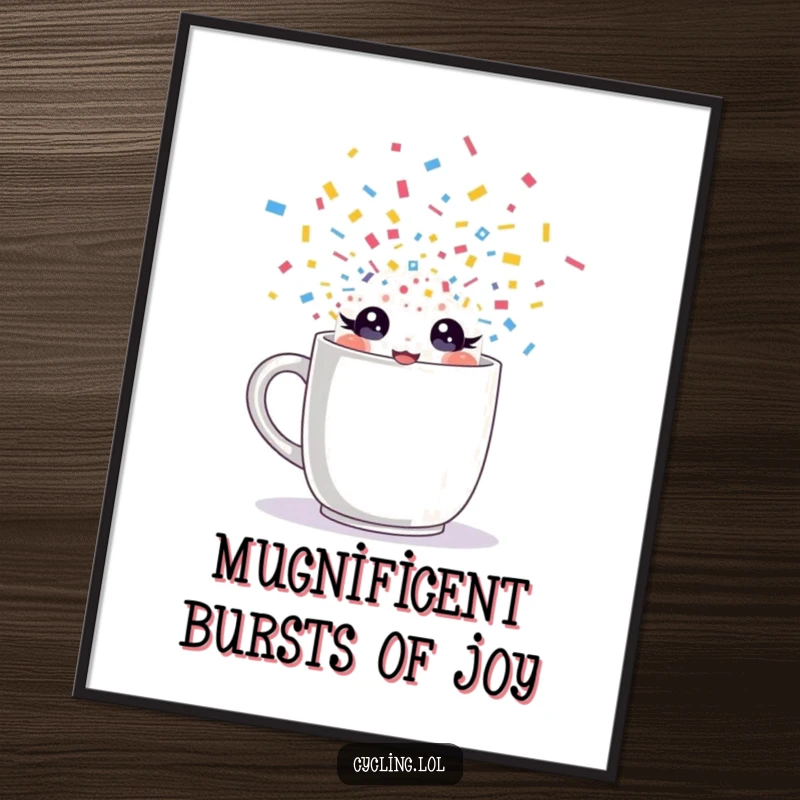 Funny Free Printable Wall Art: A character with sparkling eyes bursts from a mug, surrounded by festive confetti.