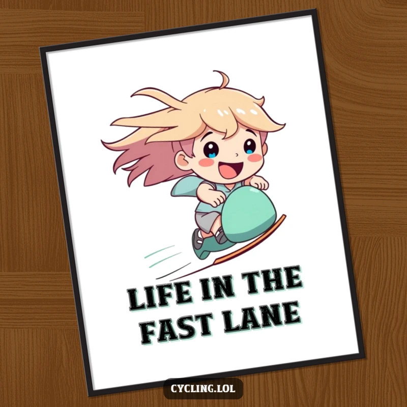 Funny free printable wall art of a character zooming downhill with windblown hair and a wide, ecstatic smile, radiating pure joy.