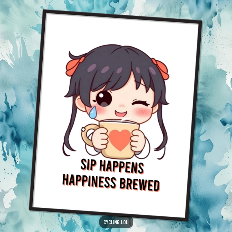 Funny free printable wall art of a character holding a steaming mug, a single happy tear rolling down their cheek.