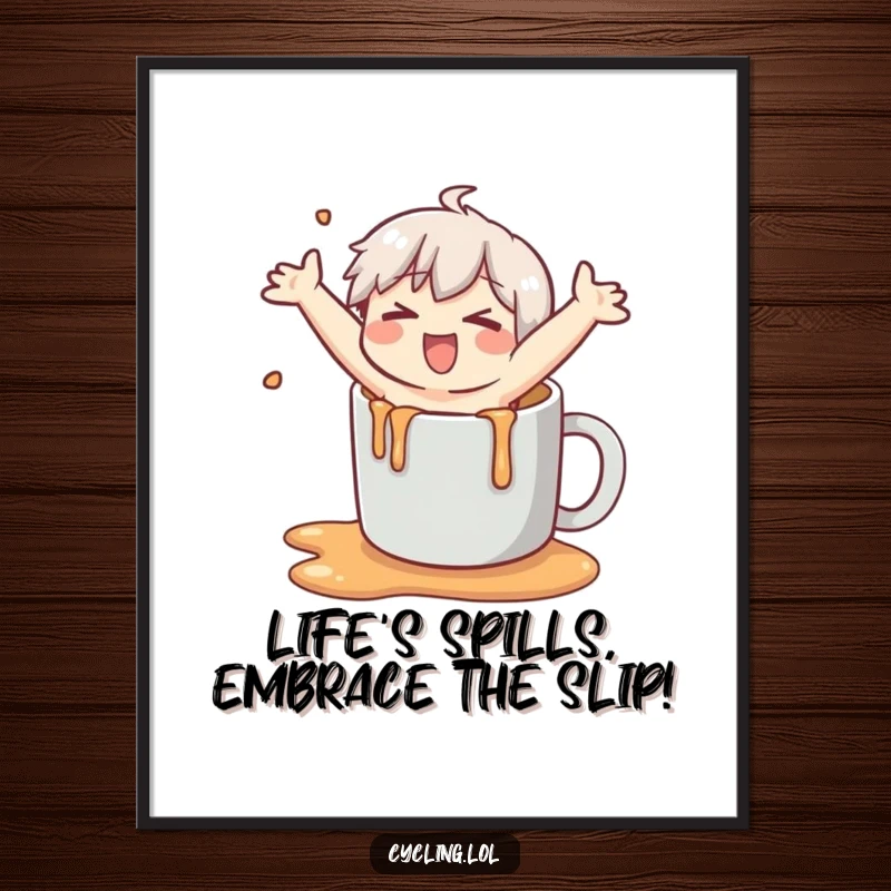 Funny Free Printable Wall Art: Comedic character slipping dramatically on spilled mug liquid, creating a funny home decor piece.