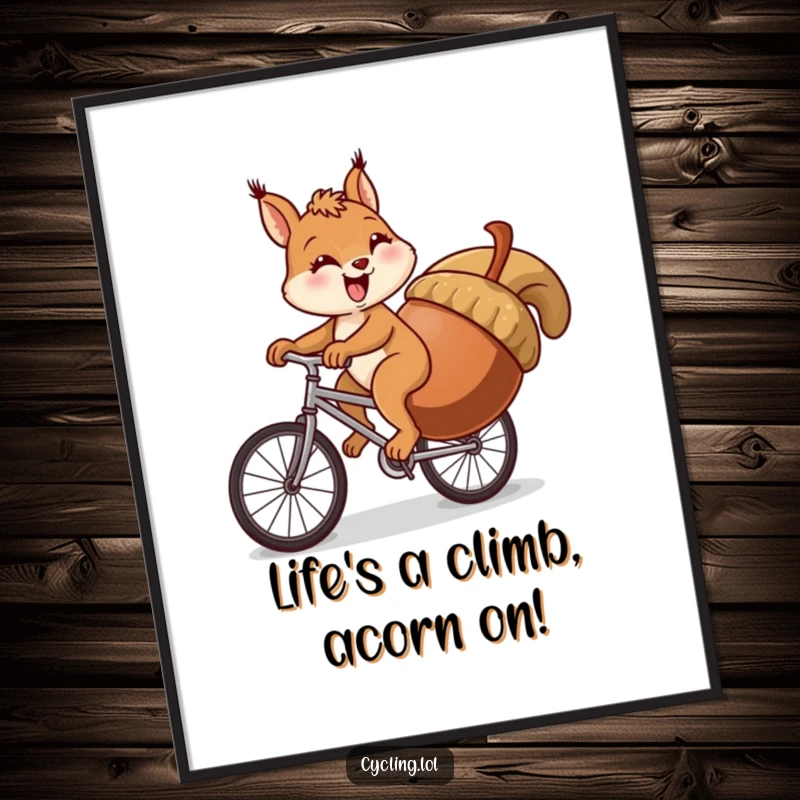 Funny Free Printable Wall Art: Cheerful squirrel comically cycling uphill with a giant acorn, a relatable struggle.