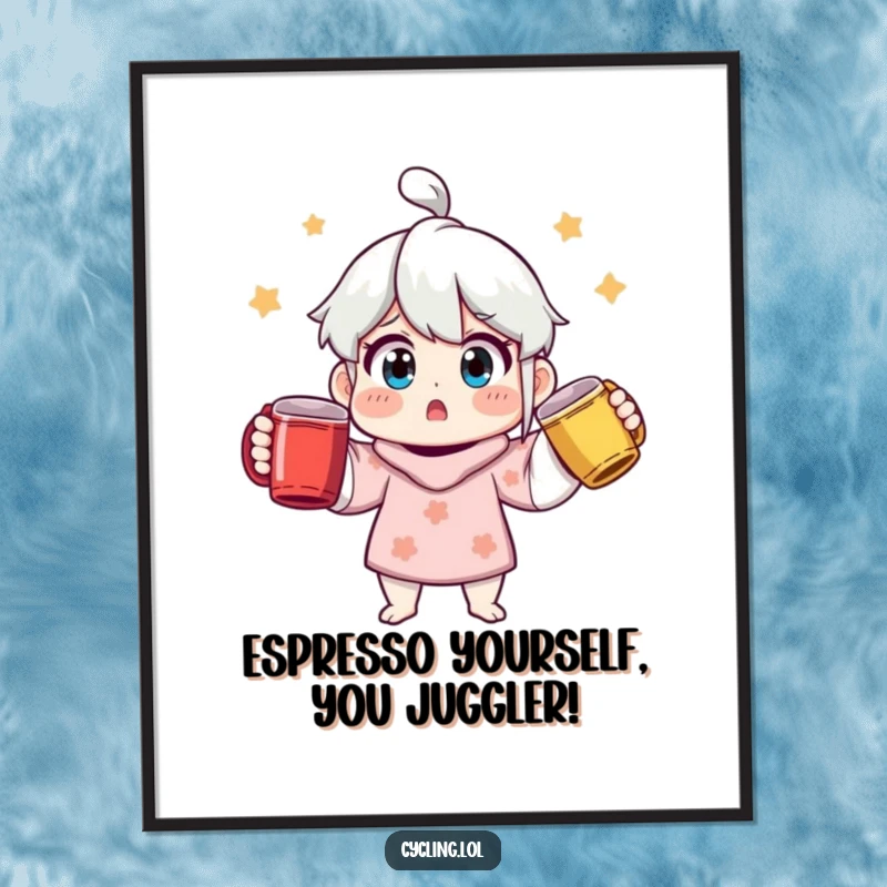 Funny free printable wall art depicting a character with a shocked face juggling three colorful mugs, a humorous statement piece.