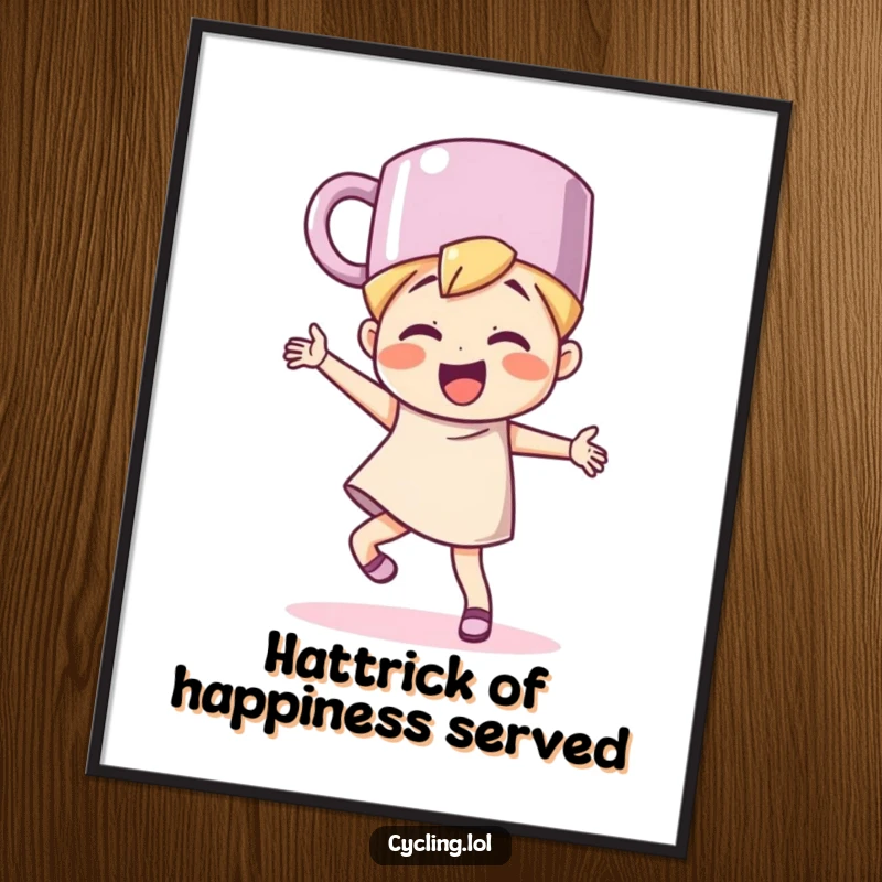 Funny free printable wall art of a character wearing a coffee mug as a hat, dancing with uninhibited, gleeful energy.