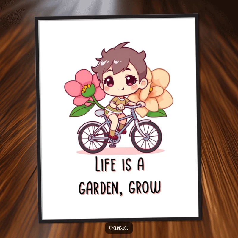 Funny free printable wall art showing a cheerful character steering a bicycle with a giant flower, radiating optimistic energy.