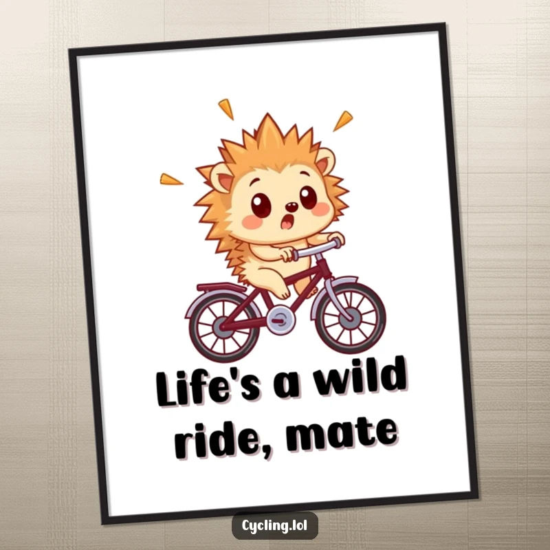 Funny Free Printable Wall Art: Surprised hedgehog with quills flying wildly as it rides a tiny bicycle.