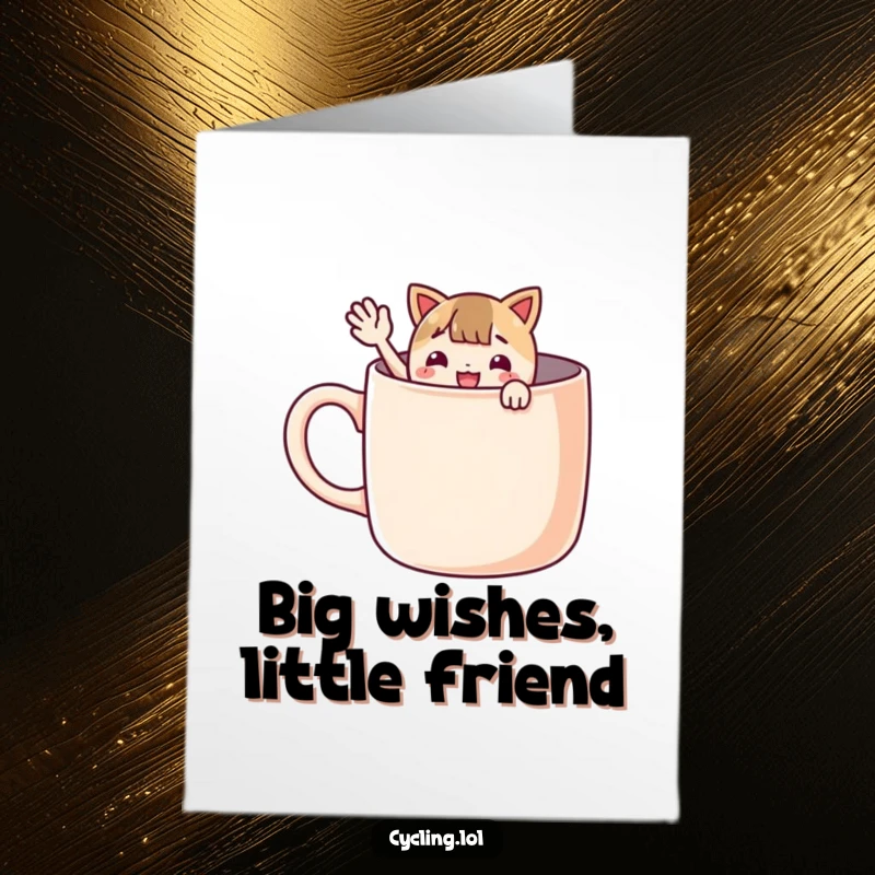 Funny free printable birthday card with a character joyfully waving from inside a giant mug, sending enthusiastic birthday greetings with a smile.