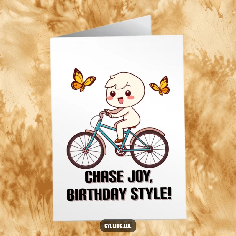 Funny Free Printable Birthday Card: a playful Kawaii character delightedly chasing a butterfly on a bicycle.