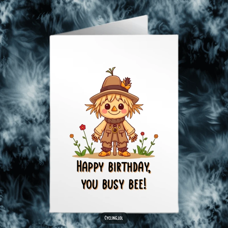 Funny Free Printable Birthday Card: A cheerful character busily building a tiny scarecrow with a smile.