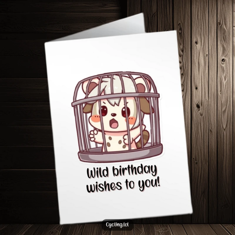 Funny Free Printable Birthday Card: Character playfully acts like a caged animal, looking comically surprised at their own antics.