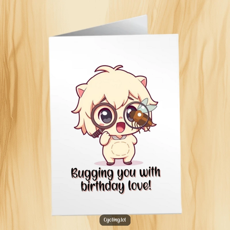 Funny Free Printable Birthday Card: Monocle-wearing character inspects a tiny insect with intense, excited focus.