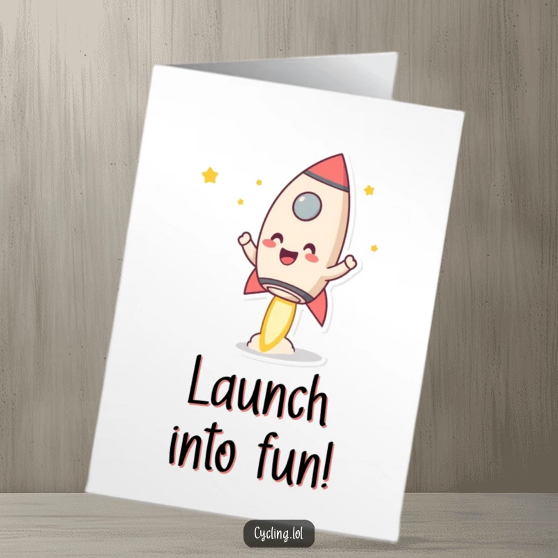 Funny free printable birthday card of a character launching a smiling mug like a rocket, celebrating with explosive humor and coffee-fueled energy.