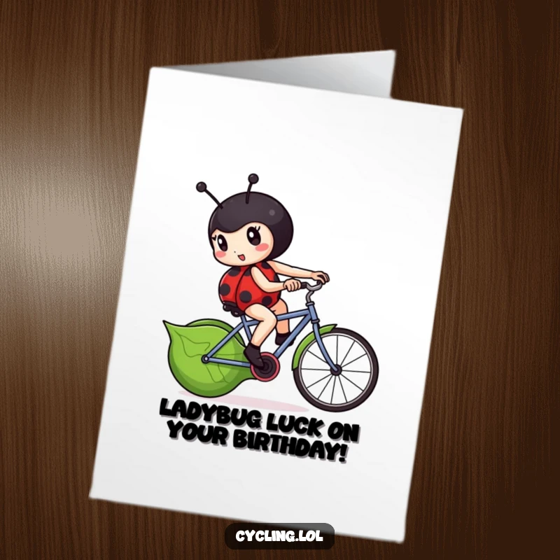 Funny Free Printable Birthday Card: Determined ladybug character pedaling furiously on a unique leaf-shaped bicycle.