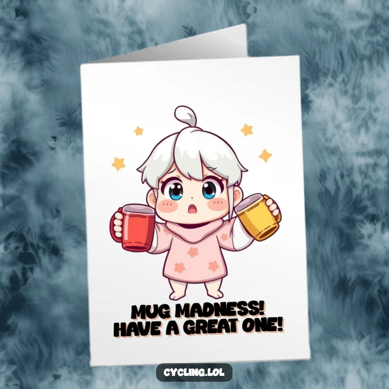 Funny free printable birthday card featuring a shocked character hilariously juggling three colorful coffee mugs, ready to party.