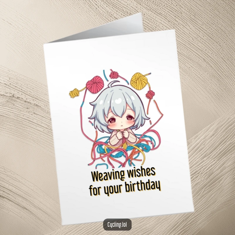 Funny Free Printable Birthday Card: a character ponders a pattern amidst colorful threads, ready to celebrate with humor.