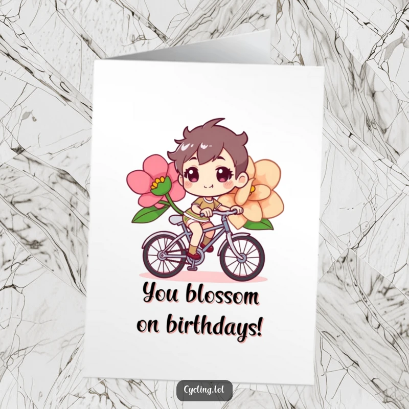 Funny free printable birthday card featuring a cheerful character determinedly steering a bicycle adorned with a giant flower, celebrating life.