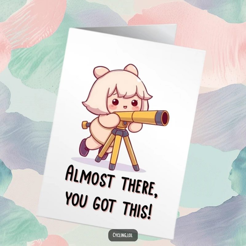 Funny free printable congratulations card: a character comically trips over a telescope tripod, smiling sheepishly.