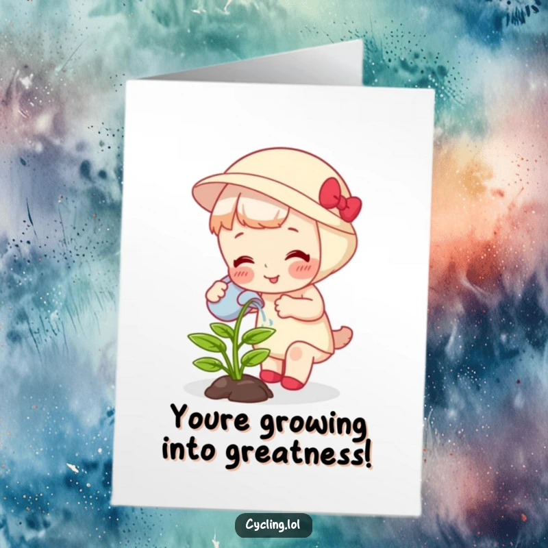 Funny Free Printable Congrats Card: Character waters a giggling, growing plant, symbolizing flourishing success and downloadable celebration.