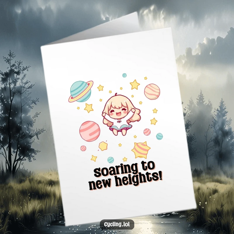 Funny Free Printable Congrats Card: Character joyfully floats among stars and planets, celebrating a triumphant moment.