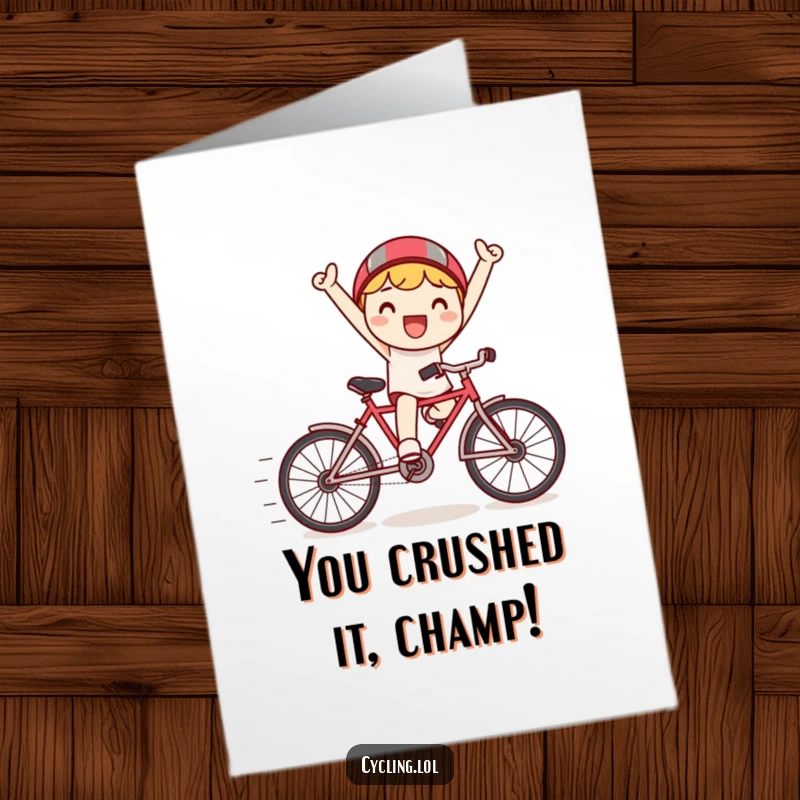 Funny Free Printable Congratulations Card: a happy Kawaii character triumphantly riding a tiny bicycle with exaggerated speed lines.