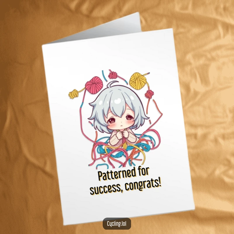 Funny Free Printable Congrats Card: character studies a pattern surrounded by threads, celebrating success with playful humor.