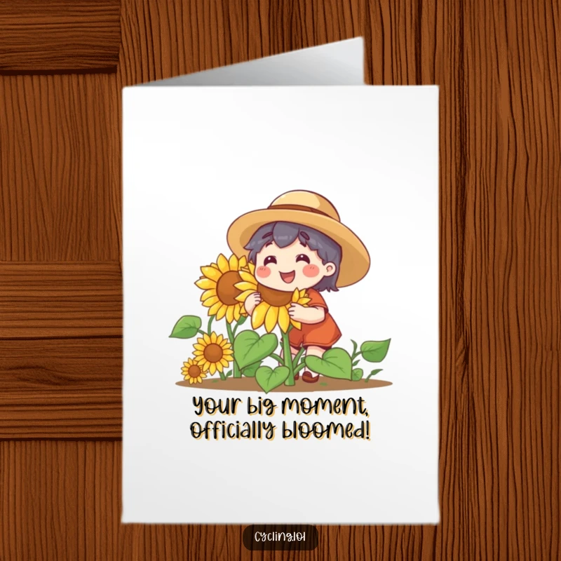 Funny Free Printable Congrats Card: Straw hat character admires a giant smiling sunflower, symbolizing joyful achievement and downloadable success.