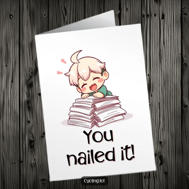 Funny Free Printable Congratulations Card showing a character laughing hysterically after tripping over a mountain of research papers, celebrating study success.