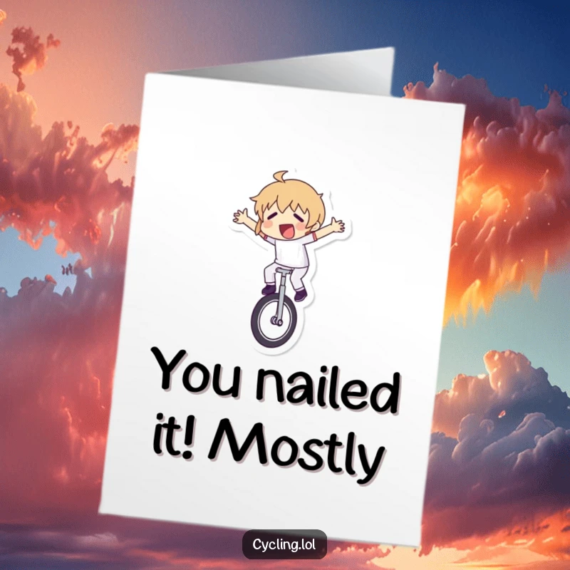 Funny Free Printable Congrats Card: Unicyclist is comically losing balance, arms everywhere. A hilarious celebration.