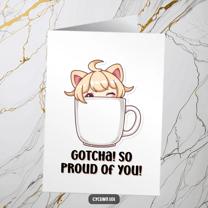 Funny free printable congratulations card showing a character peeking from a mug, offering a playful wink of success.