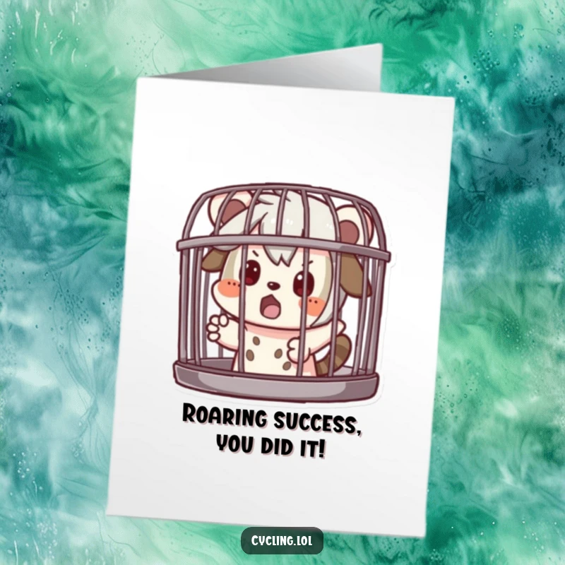 Funny Free Printable Congratulations Card: Character pretends to be caged, looking humorously surprised, celebrating achievement.