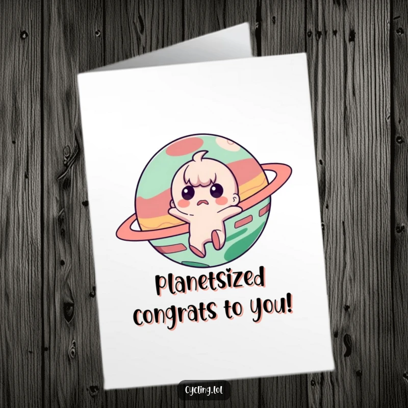 Funny Free Printable Congrats Card: Startled astronaut leaps from a planet with a mischievous face, celebrating escape.