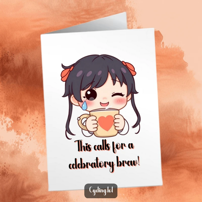 Funny free printable congratulations card featuring a character with a happy tear, cherishing a warm, steaming mug.