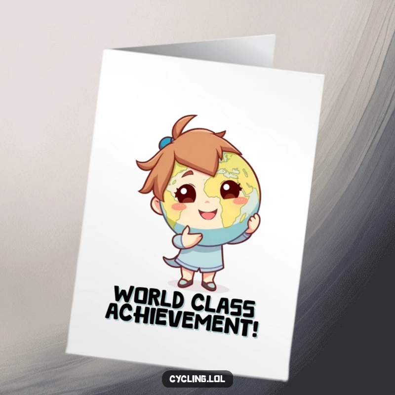 Funny Free Printable Congratulations Card featuring a character dramatically presenting the Earth globe with a flourish, signifying major global success.