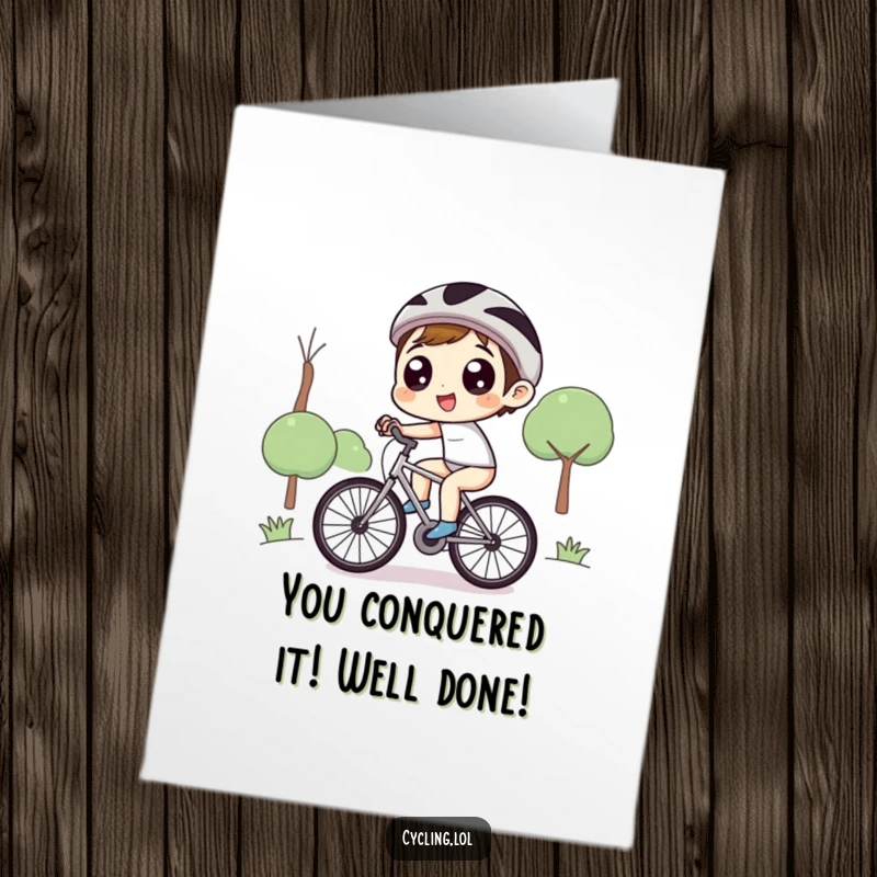 Funny Free Printable Congrats Card: Character joyfully cycling uphill, symbolizing a challenging but rewarding journey.